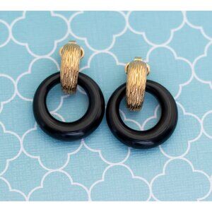 Vintage Black Ring Gold Tone Dangle Earrings by Avon - R16